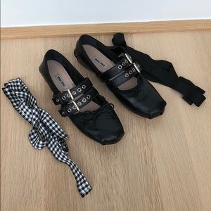 Miu Miu Black Leather Buckle Ballet Flats